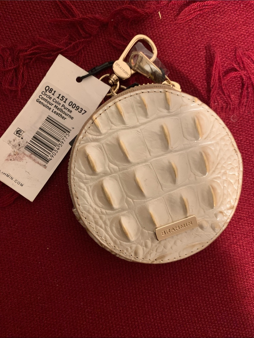 Brahmin Cream Croc-Embossed Round Key & Card Holder with Gold Hardware